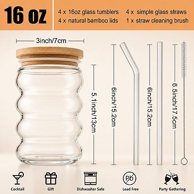 16 Oz Wave Shape Glass Cups With Lids Straws Set Of 4 For Iced Coffee Beer
