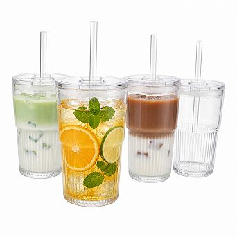 16 Oz Reusable Ribbed Iced Coffee Cups With Leak Proof Lids Straws Dishwasher Safe