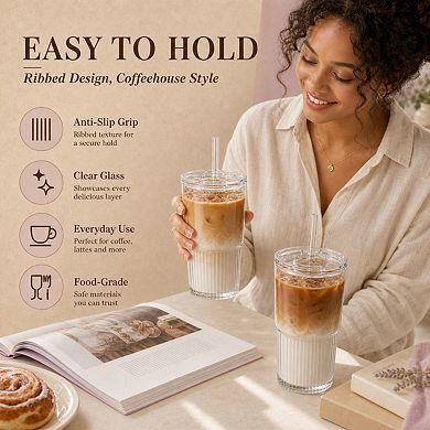 16 Oz Reusable Ribbed Iced Coffee Cups With Leak Proof Lids Straws Dishwasher Safe