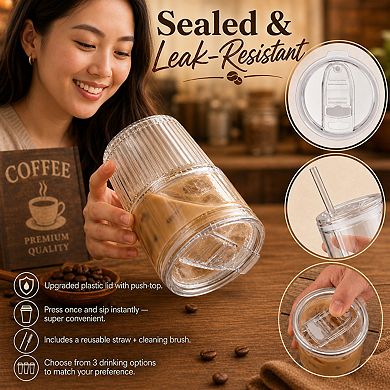 16 Oz Reusable Ribbed Iced Coffee Cups With Leak Proof Lids Straws Dishwasher Safe
