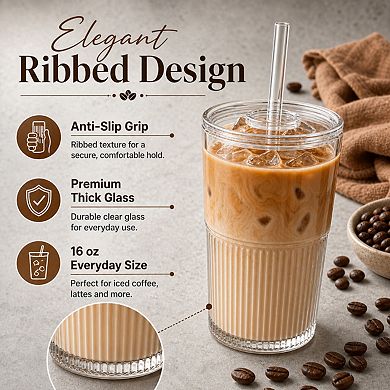 16 Oz Reusable Ribbed Iced Coffee Cups With Leak Proof Lids Straws Dishwasher Safe