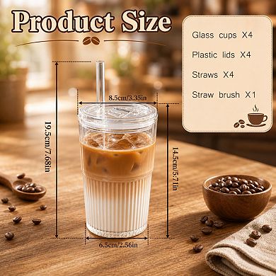 16 Oz Reusable Ribbed Iced Coffee Cups With Leak Proof Lids Straws Dishwasher Safe