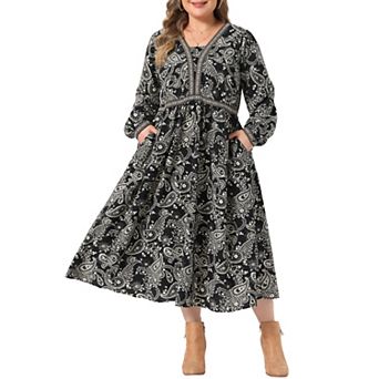 Women's Plus Size Long Sleeve Boho Midi Dress Waistband Flowy A Line Dress