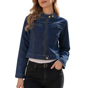 Jean Jacket for Women Zip Up Stand Collar Long Sleeve Motorcycle Denim Jacket