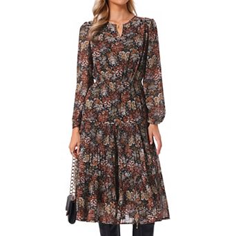 Chiffon Floral Dress for Womens Fall Long Sleeve Elastic Waist Flowy Pleated Midi Dresses