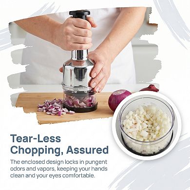 Vegetable Chopper Manual Food Processor, Plated Press Garlic Mincer Onion Cutter with Clear Cup