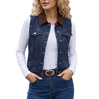 Denim Vest for Women Corduroy Collar Button Down Casual Sleeveless Jean Jacket