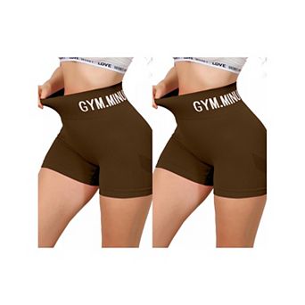 2 Packs Women's Letter Print Biker Short Pants Tummy Control High Waisted Workout Yoga Shorts