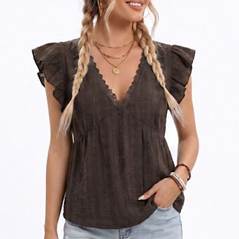 Women's Lace Trim Flutter Sleeve Babydoll Blouse