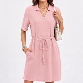 Women's Waffle Knit Collared V-Neck Drawstring Short Dress