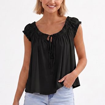 Women's Ruffle Sleeve Blouse Smocked Neck Tie Front Flowy Top