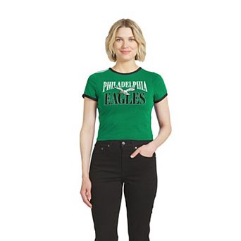 Women's WEAR by Erin Andrews Kelly Green Philadelphia Eagles Cropped Throwback Ringer Baby T-Shirt