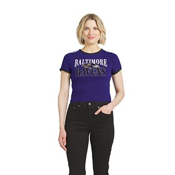 Women's WEAR by Erin Andrews Purple Baltimore Ravens Cropped Throwback Ringer Baby T-Shirt