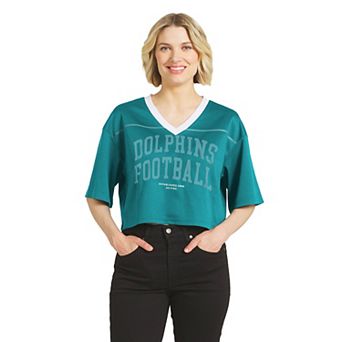 Women's WEAR by Erin Andrews Aqua Miami Dolphins Cropped V-Neck Jersey T-Shirt