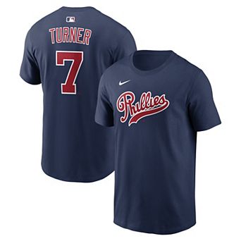 Men's Nike Trea Turner Navy Philadelphia Phillies 2026 Field of Dreams Name & Number T-Shirt