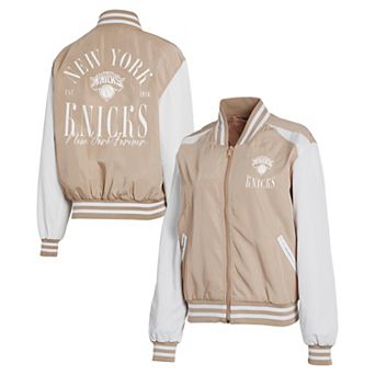Women's WEAR by Erin Andrews Tan New York Knicks Tonal Full-Zip Bomber Jacket