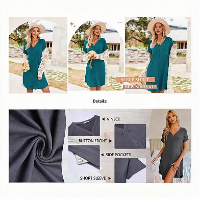 3 Pack Women's Nightshirt V-Neck Sleepshirt with Pockets
