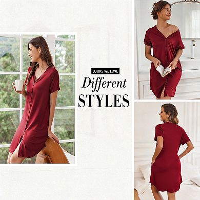 3 Pack Women's Nightshirt V-Neck Sleepshirt with Pockets
