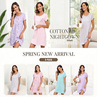3 Pack Women's Nightgown Sleepwear Short Sleeves Print Sleepdress