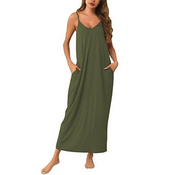 Womenston Long Nightgowns Spaghetti V Neck Full Slip Sleep Shirts Pockets