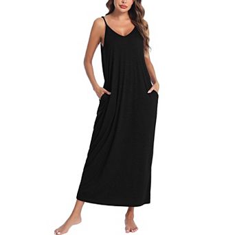 Womenston Long Nightgowns Spaghetti V Neck Full Slip Sleep Shirts Pockets