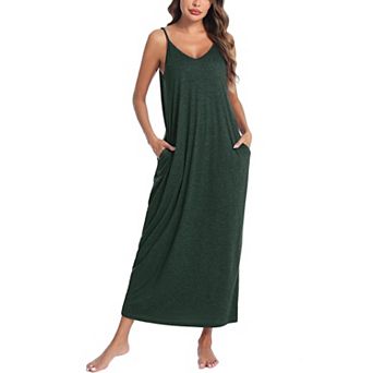 Womenston Long Nightgowns Spaghetti V Neck Full Slip Sleep Shirts Pockets