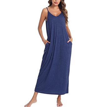 Womenston Long Nightgowns Spaghetti V Neck Full Slip Sleep Shirts Pockets