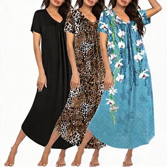 3 Pack Women Long Nightgowns V Neck Short Sleeve House Dress