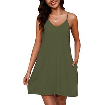 Womenston Sleeveless Nightgown Spaghetti V Neck Full Slip Sleep Dress Pockets
