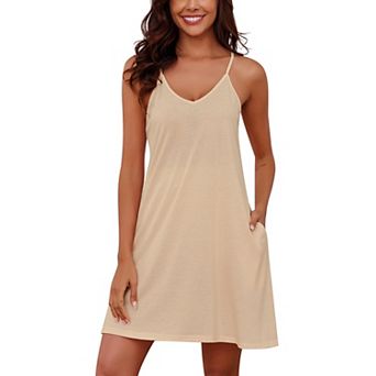 Womenston Sleeveless Nightgown Spaghetti V Neck Full Slip Sleep Dress Pockets