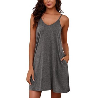Womenston Sleeveless Nightgown Spaghetti V Neck Full Slip Sleep Dress Pockets