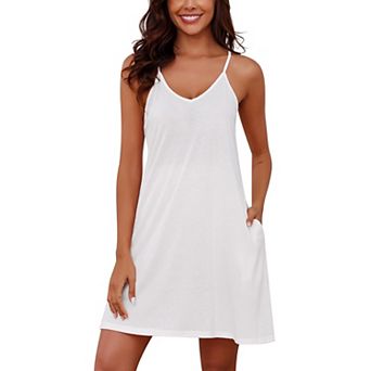 Womenston Sleeveless Nightgown Spaghetti V Neck Full Slip Sleep Dress Pockets