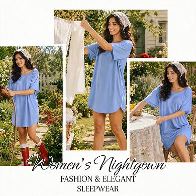 Women V Neck Nightgown Casual Sleepshirt Tshirt