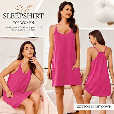 Nightgown Women Spaghetti Strap Pocket Sleepwear