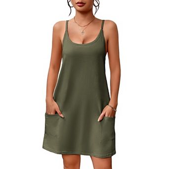 Nightgown Women Spaghetti Strap Pocket Sleepwear
