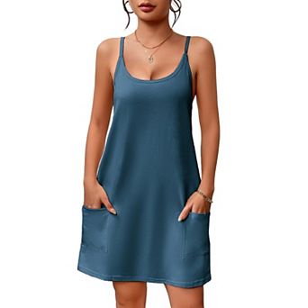 Nightgown Women Spaghetti Strap Pocket Sleepwear