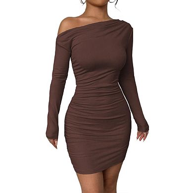 Women's Ruched Bodycon Mini Off the Shoulder Long Sleeve Elegant Casual Vacation Fall Dresses