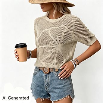 Womens Summer Short Sleeve Crochet Tops Hollow Out Floral Sweaters Beach Vacation Cruise Outfits