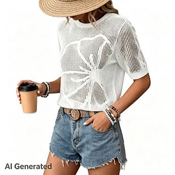Womens Summer Short Sleeve Crochet Tops Hollow Out Floral Sweaters Beach Vacation Cruise Outfits