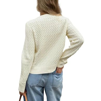 Womens Long Sleeve Button Up Cable Knit Cardigan Lightweight Crewneck Button Down Sweaters