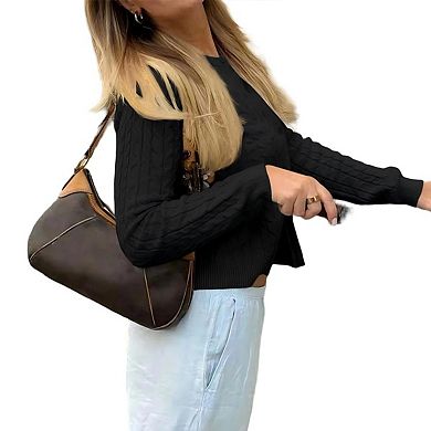 Womens Long Sleeve Button Up Cable Knit Cardigan Lightweight Crewneck Button Down Sweaters