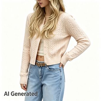 Womens Long Sleeve Button Up Cable Knit Cardigan Lightweight Crewneck Button Down Sweaters