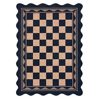 Scalloped Checkered Area Rug - Soft Washable Low Pile Non-Slip Mark Resistant Easy to Clean Carpet