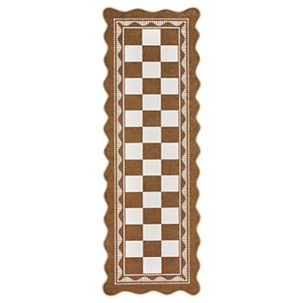Scalloped Checkered Area Rug - Soft Washable Low Pile Non-Slip Mark Resistant Easy to Clean Carpet