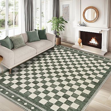 Geometric Checkered Washable Area Rug Modern Low Pile Non-Shedding Neutral Farmhouse Carpet