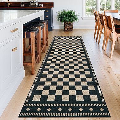 Geometric Checkered Washable Area Rug Modern Low Pile Non-Shedding Neutral Farmhouse Carpet