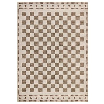 Geometric Checkered Washable Area Rug Modern Low Pile Non-Shedding Neutral Farmhouse Carpet