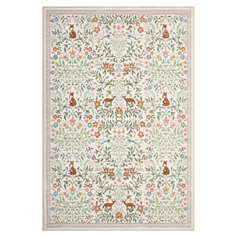 Garden Floral Fox Washable Area Rug Non-Slip, Mark Resistant, Low Pile Faux Wool, Easy Care Carpet