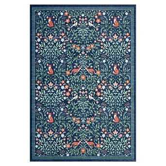 Garden Floral Fox Washable Area Rug Non-Slip, Mark Resistant, Low Pile Faux Wool, Easy Care Carpet