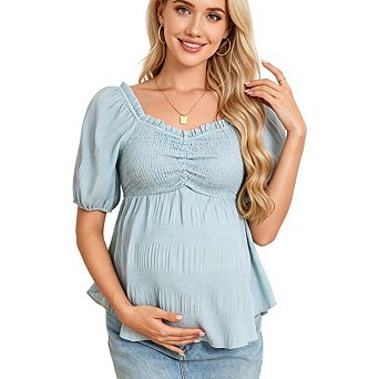Womens Maternity Heart Neck Short Sleeve Blouse Ruffle Babydoll Peplum Smocked Cute T Shirts